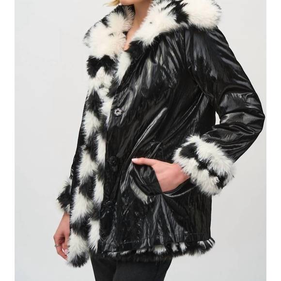 NEW JOSEPH RIBKOFF reversible faux fur coat in vanilla/black - Picture 4 of 6